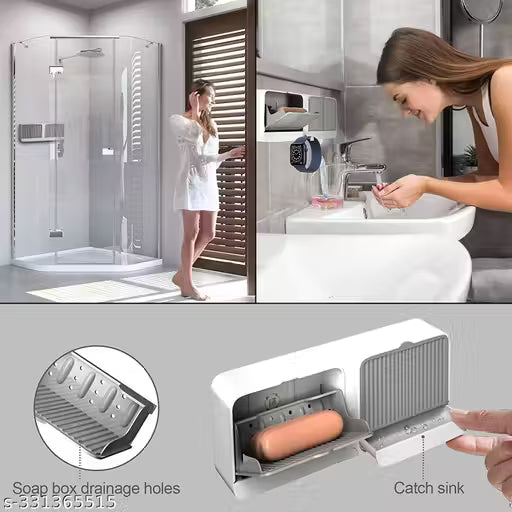 Wall-Mounted Soap Box with Cover | Double Grid No-Drilling Adhesive Soap Holder (2 pcs)